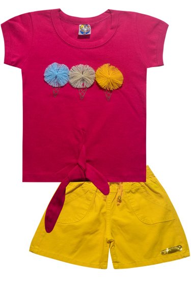 Conjunto Menina Shorts Jeans Amarelo Blusa Pink - Malugui