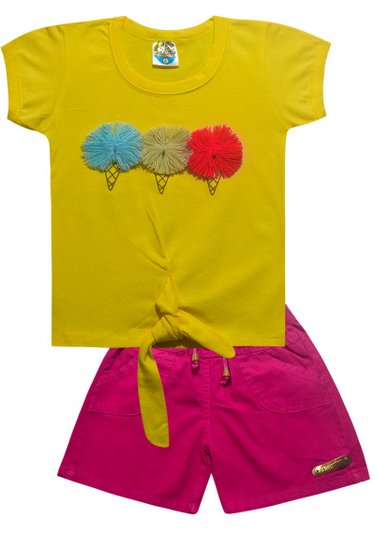 Conjunto Menina Shorts Jeans Pink Blusa Amarelo - Malugui