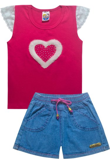 Conjunto Menina Shorts Jeans Blusa Pink - Malugui