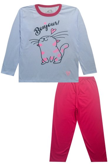 Pijama Juvenil Gato Branco com Pink 